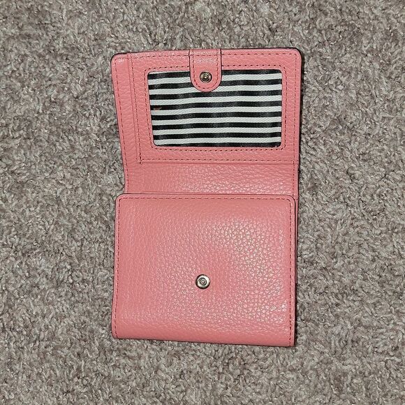 Kate Spade Pebbled Leather Trifold Coral Pink Salmon Wallet w Striped Lining - Picture 11 of 16